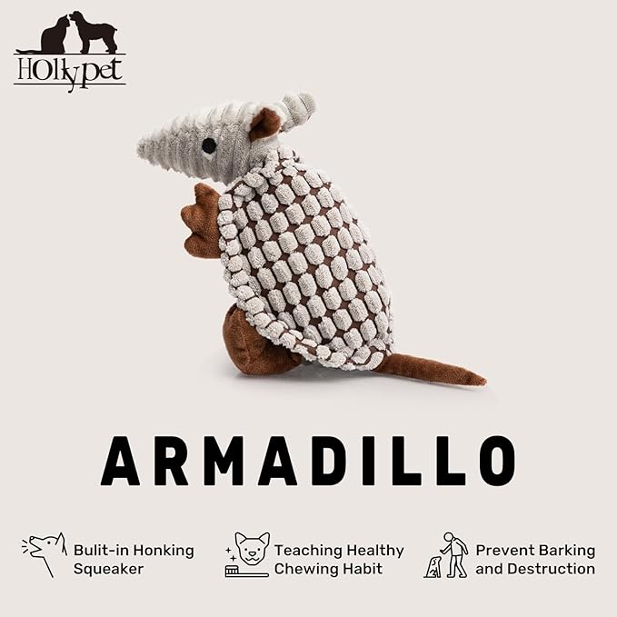 Hollypet Plush Dog Squeaky Toy Stuffed Armadillo Animal Pet Puppy Chew Toys with Clean Teeth