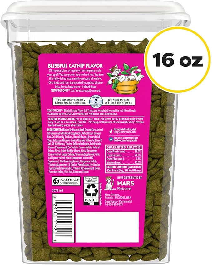 Temptations Classic Crunchy and Soft Cat Treats Blissful Catnip Flavor, 16 oz. Tub