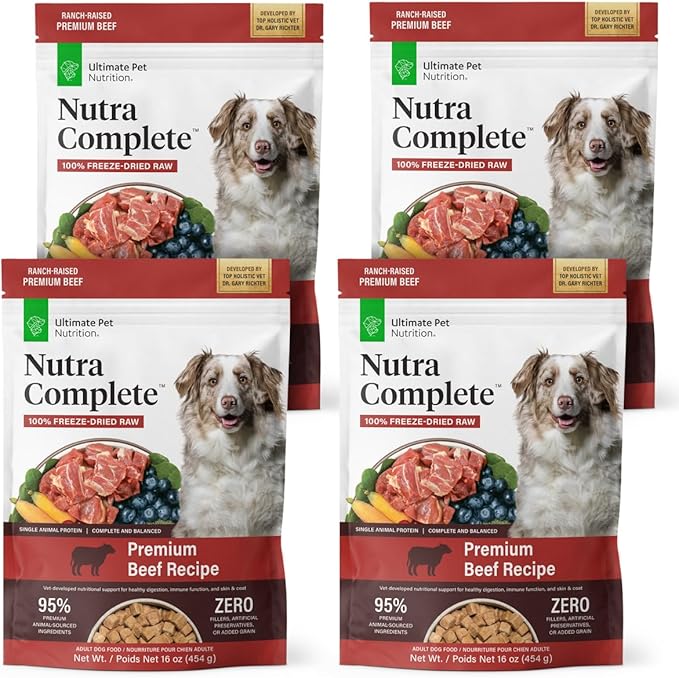 ULTIMATE PET NUTRITION Nutra Complete, 100% Freeze Dried Veterinarian Formulated Raw Dog Food with Antioxidants Prebiotics and Amino Acids, (1 Pound (Pack of 4), Beef)