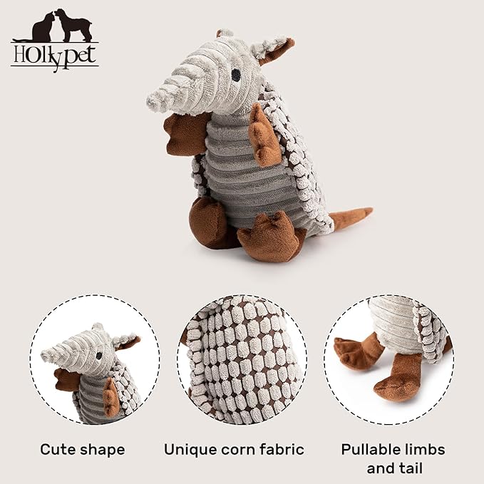 Hollypet Plush Dog Squeaky Toy Stuffed Armadillo Animal Pet Puppy Chew Toys with Clean Teeth